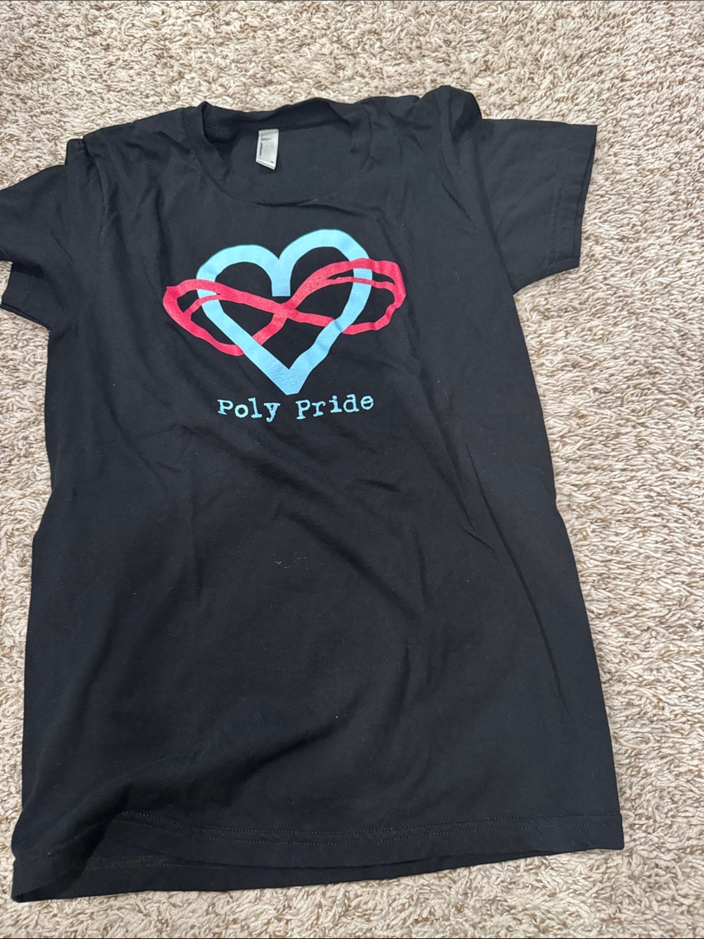 Women's Black Short‑Sleeve Tee with Heart Graphic. Poly Pride